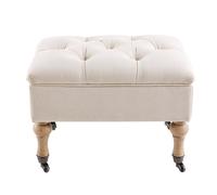 Pouf coffre capitonné à roulettes en lin et coton écrus 55x40x40cm Beige