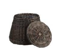 Pouf, Coffre de Rangement, Panier Rond avec Couvercle en Osier Brun-Gris.