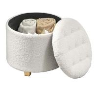 HOMCOM Pouf coffre rangement, tabouret rond, pouf repose-pieds en tissu bouclette, pour la chambre à coucher, entrée, salon, charge 120 Kg, Ø 45 x 41 cm, blanc