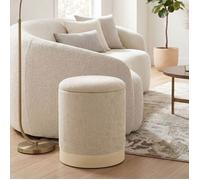 Pouf coffre rangement, tabouret rond en chenille, pouf repose-pieds avec base en métal effet bois, beige