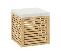 Pouf coffre style cosy chic - lattes bambou verni - coussin toucher lin gris clair