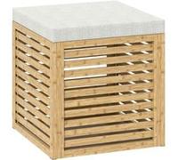 Pouf coffre style cosy chic - lattes bambou verni - coussin toucher lin gris clair Beige G