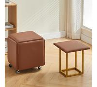 Pouf cube 5 en 1 en cuir marron avec roulettes, tabouret mobile polyvalent et repose-pieds pour salon/salle à manger, design compact (45 cm x 45 cm x 45 cm)