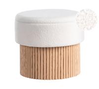 Pouf de Rangement en Bouclé Siège Rembourré Base en Bois Rond Table Basse Blanc