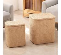 Pouf de rangement rond avec couvercles, repose-pieds tissé à la main, panier à linge carré fait à la main, repose-pieds polyvalent pour salon, chambre à coucher et décoration d'intérieur