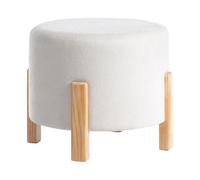 Pouf en Chenille Pieds en Bois Tabouret Repose-Pieds Ottoman Rond Blanc Cassé Te