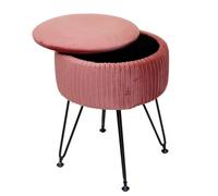 Pouf HWC-K47, tabouret avec compartiment de rangement, Ø 33cm, aspect velours rose, piètement noir