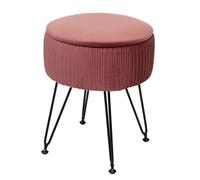 Pouf HWC-K47, tabouret avec compartiment de rangement, Ø 33cm, aspect velours rose, piètement noir
