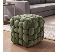 Pouf HWC-Q48, pouf ottoman rembourré à n?uds, velours (220 g/m²) 39 cm vert