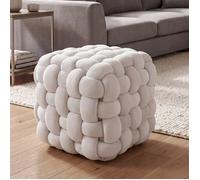 Pouf HWC-Q48, pouf ottomane rembourré à nœuds, velours (220 g/m²) 39 cm ~ beige