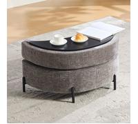 Pouf Ottoman en Chenille, Banc de Rangement avec Plateau - Repose Pieds - 86x47x43cm - Gris