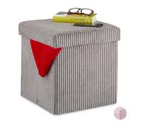 Pouf Relaxdays, pliable, cube de rangement en velours côtelé, carré, avec couvercle, 38 x 38 x 38 cm, gris