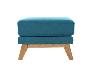 Pouf repose-pieds déhoussable scandinave en tissu bleu canard et bois clair OSLO