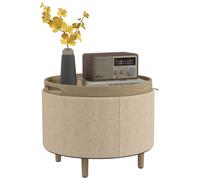 Pouf rond - HOMCOM - repose-pieds tabouret coffre rangement plateau réversible 3 en 1 - bois bouclette - Ø 35 cm - beige