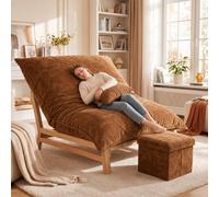 Pouf XXL avec cadre en bois, fauteuil relax avec tabouret et coussin