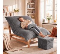 Pouf XXL avec cadre en bois, fauteuil relax avec tabouret et coussin | Design 3 en 1 - Ergonomique - Confort de couchage à 135 ° - Stable jusqu'à 180 kg - En tissu velours côtelé - Alternative