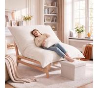 Pouf XXL avec cadre en bois, fauteuil relax avec tabouret et coussin | Design 3 en 1 - Ergonomique - Confort de couchage à 135 ° - Stable jusqu'à 180 kg - En tissu velours côtelé - Alternative