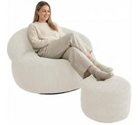 Pouf XXL en Velours côtelé déhoussable - 110 x 100 cm + Repose-pieds - Bananair - Beige