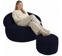 bananair - Pouf Salon & Chambre en Velours Côtelé avec Repose Pieds - Pouf Fauteuil XXL Doux & Élégant - Housse Lavable en Machine - Idéal Salon, Chambre Adulte, Ado (110x100cm, Bleu Foncé)