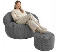 bananair - Pouf Salon & Chambre en Velours Côtelé avec Repose Pieds - Pouf Fauteuil XXL Doux & Élégant - Housse Lavable en Machine - Idéal Salon, Chambre Adulte, Ado (110x100cm, Gris Foncé)