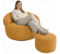 bananair - Pouf Salon & Chambre en Velours Côtelé avec Repose Pieds - Pouf Fauteuil XXL Doux & Élégant - Housse Lavable en Machine - Idéal Salon, Chambre Adulte, Ado(110x100cm, Jaune Moutarde)