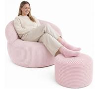bananair - Pouf Salon & Chambre en Velours Côtelé avec Repose Pieds - Pouf Fauteuil XXL Doux & Élégant - Housse Lavable en Machine - Idéal Salon, Chambre Adulte, Ado (110x100cm, Rose Pâle)