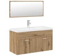 POUFGDR Ensemble Meuble Salle De Bain 3 Pcs Bois D'ingénierie Mural | Meuble vasque,fixation murale,robinet eau chaude et froide inclus,égouttoir à pousser,trop-plein,espace de rangement spacieux