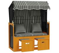 POUFGDR Strandkorb Polyratan Bois Massif Noir Gris avec Coussins | Cadre bois durable, auvent solaire, panneaux latéraux, dossier 3 positions, repose-pied extensible, entretien humide