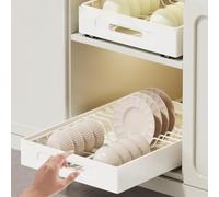 pour étagère Cuisine Coulissante 42cm Organisateur Assiettes | Acier inoxydable , finition noire blanche, slots indépendants, accès pour facile, gain de place optimal(Black)