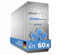 Power one Piles auditives Typ 675 Bleu, Lot de 60, 1,45 V | wireless approved pour aides auditives Bluetooth, Taille p675, technologie zinc-air, sans mercure, Drehspender