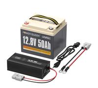 Power Queen 12V 50Ah Batterie Lithium & 14,6V 20A Chargeur LiFePO4 | 640Wh d'énergie, BMS 50A, Jusqu'à 4p4s, IP65 Étanche, 20+ Protection BMS, LiFePO4 pour Tondeuse à Gazon Camping-Car Caravane