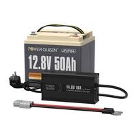 Power Queen Batterie au lithium LiFePO4 12V 50Ah 640Wh BMS 50A & 14,6V 10ACharger avec 0V activation