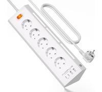Power Strip with 5 Power Outlets and 4 USB Ports (2 USB 2 USB C), Surge Protection Power Strip and Switches, 2 m Cable, 3680 W/16 A, White