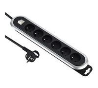 Power Strip with 6 Sockets, Cable Winder, On/Off Switch and Flat Plug. Extension Cord 3 M, Black