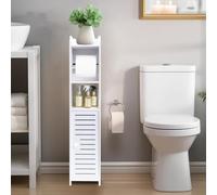 powerking Porte-rouleau de papier toilette pour petit espace, rangement blanc pour toilettes avec portes et étagères, meuble mince à poser au sol pour salle de bain