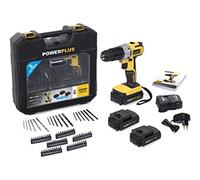 Powerplus powx00593 - Perceuse battant visseuse, 3 piles au lithium 18 V pour 1500 mAh, 2 vitesses, 38 Nm, lumière LED, 79 accessoires percage/vissage, Mallette