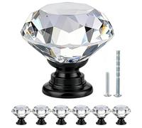 POZEAN Lot de 6 boutons de tiroir en cristal pour commode avec vis à découper, poignées en verre diamant (noir transparent), 30 mm