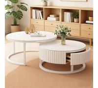 Pquaezortic Marbre Ronde Table Basse Salon Blanche Tables Basses De Salon avec Bois Massif Tiroirs Lot De 2 Table Basse Gigogne 50+70cm Blanc Table D'appoint avec Rangement Cadre Robuste en Métal