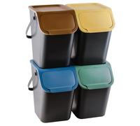 Practic Bini Lot de 4 récipients de tri pratiques en polypropylène, à séparer, avec couvercle coloré, jaune/vert/bleu/marron, 4 x 25 l
