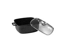 Pradel Excellence - Faitout Premium Carré 28 cm - 5,8L - Fonte d'Aluminium Noir - Revêtement Façon Pierre Anti-Adhérent - Couvercle Verre Goutte à Goutte - Poignées Silicone - Tous Feux