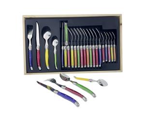 Pradel Excellence - I7214P - Ménagère Laguiole 24 Pièces - 6 Couteaux, 6 Fourchettes, 6 Cuillères à Soupe, 6 Cuillères à Café - Lames Inox - Manches ABS Pastel - Coffret Bois Élégant