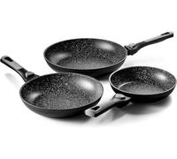 Pradel Excellence - Lot de 3 Poêles - Manches Amovibles - Intérieur Anti-Adhérent Façon Pierre - 20/24/28 cm - Aluminium Forgé - Tous Feux y compris Induction, Noir