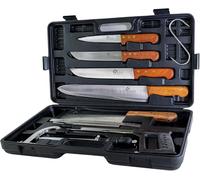 Pradel Excellence - PCOT001008 - Mallette Couteaux de Chasse 8 Pièces - 4 Couteaux + 1 Couperet + 1 Scie + 1 Crochet + 1 Fusil d’Affûtage - Lames Inox - Manches Rivetés en Bois de Rose
