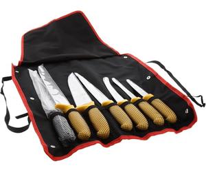 Pradel Excellence - PCOT005008 - Sac Couteaux de Boucher 7 Pièces - 6 Couteaux + 1 Fusil d’Affûtage - Lames Inox- Compatibles Lave-Vaisselle - Sac de Rangement Convertible en Tablier