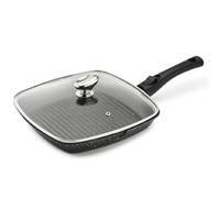 Pradel Excellence - PCUI001022 - Poêle Grill en Fonte d'Aluminium 28x28cm, Couvercle Verre - Revêtement Anti-Adhésif Façon Pierre - Manche Amovible - Tout Feu, Noir