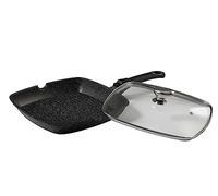 Pradel Excellence - Poêle Grill 28 x 28 cm - Revêtement Anti-Adhésif Façon Pierre - Fonte d'Aluminium - Manche Amovible - Couvercle Verre - Tous Feux Dont Induction