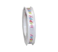 Präsent - Ruban de Satin imprimé Happy Birthday Blanc 15 mm de Large, 20 m de Long