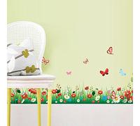 Prairie D'Herbe Verte Stickers Muraux avec Fleurs Colorées et Papillons Autocollants Muraux Amovibles Vinyle DIY Multicolore Mural Art Stickers pour Chambre Bébé, Salle de Jeux, Chambre enfant