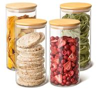 Praknu 4 Bocaux en Verre 1,2 L Hermétiques - Couvercle en Bambou - Bocal | Fermeture hermétique, 8 joints de rechange fournis, réutilisables, lave-vaisselle, 1,2 L par bocal, empilables