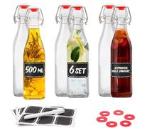 Praknu 6 Bouteilles en Verre 500 ml - Bouchon Mécanique - Huile d'Olive | Ferme hermétiquement, 6 joints de rechange et 6 étiquettes fournis, un stylo inclus, 500 ml par bouteille